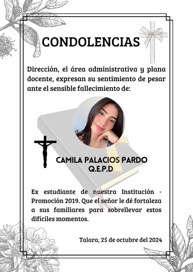 Condolencias por muerte de Camila Palacios.   