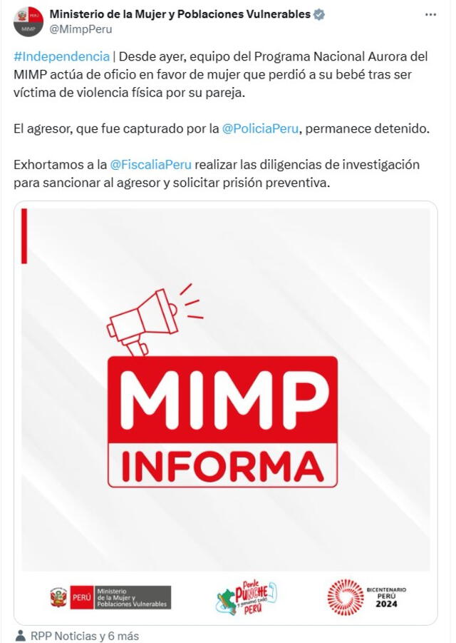 Ministerio de la Mujer exige prisión preventiva contra el agresor. Foto: MIMP/X   