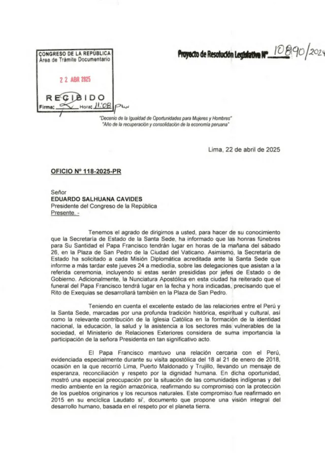   Application for Dina Boluarte to Congress to travel to the Vatican | Photo: Congress.   
