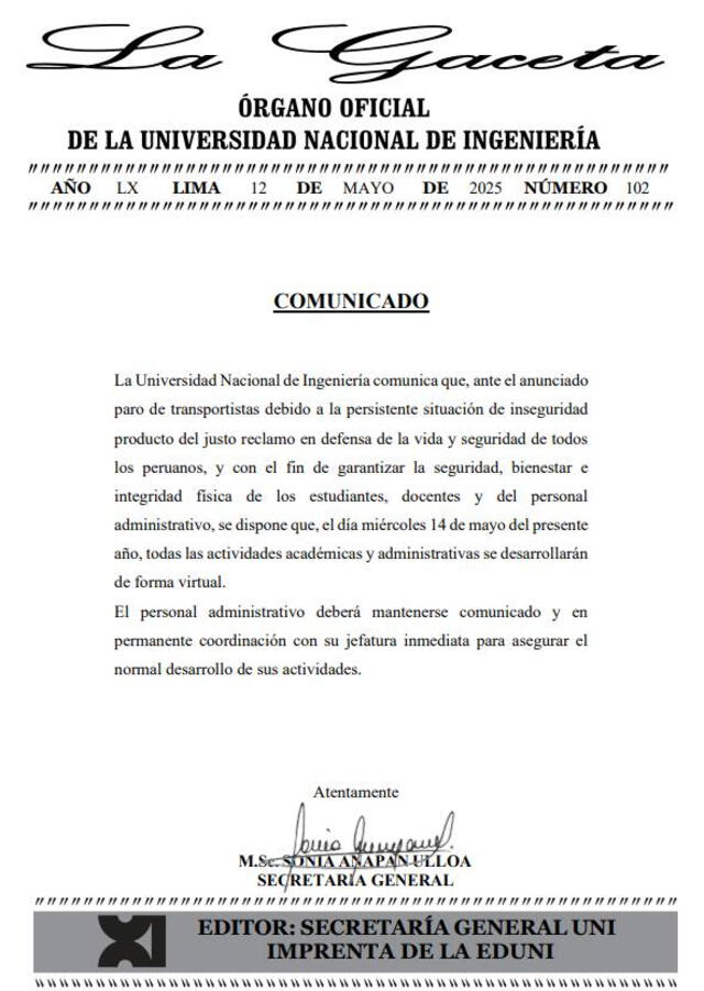 Comunicado de la UNI Comunicado de la UNI