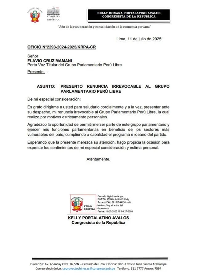 Carta de renuncia de la congresista Kelly Portalatino. Créditos: captura de pantalla Carta de renuncia de la congresista Kelly Portalatino. Créditos: captura de pantalla