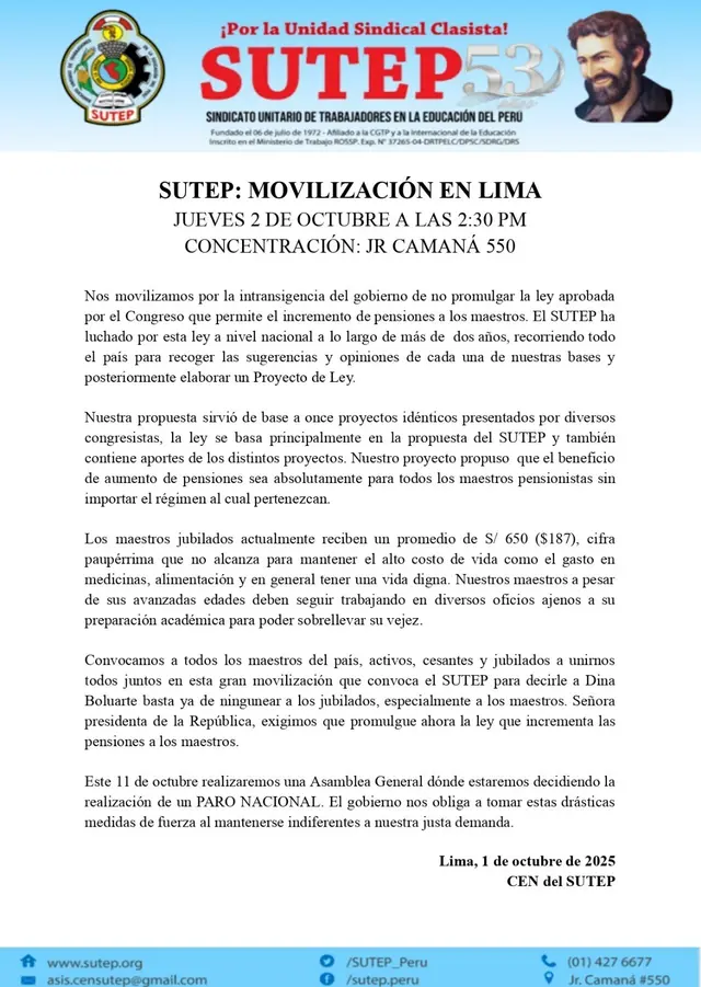 Comunicado de Sutep. Comunicado de Sutep.