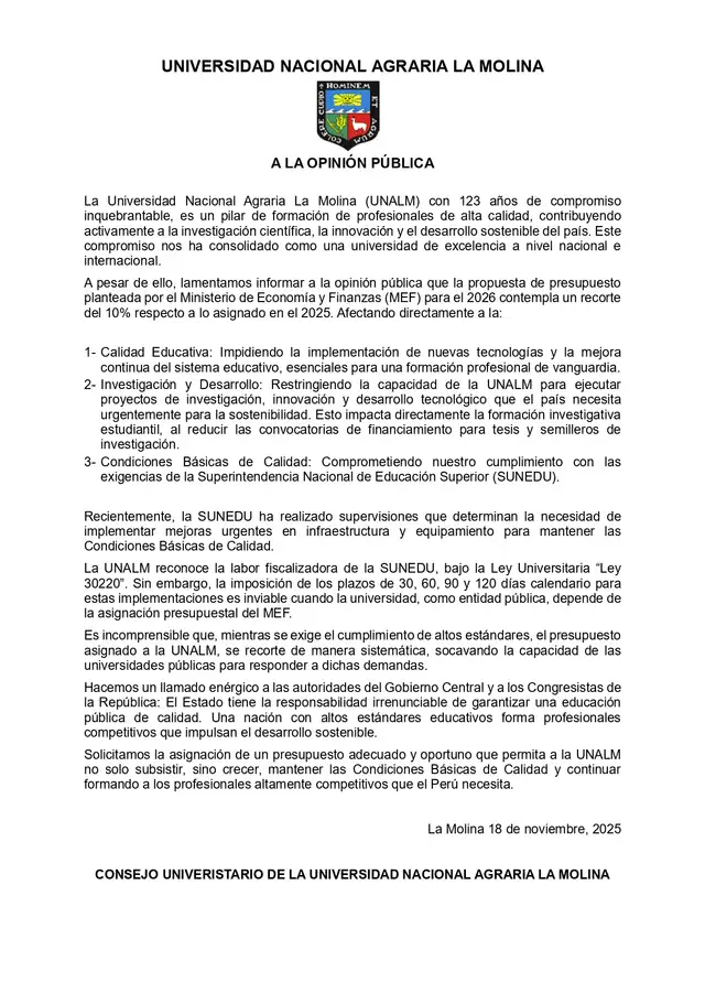 Comunicado de la Universidad Nacional Agraria La Molina.   