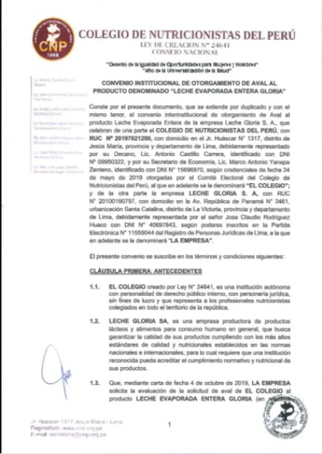 Primera página del AVAL otorgado a Gloria, el cual fue firmado por Castillo. Foto: CNP