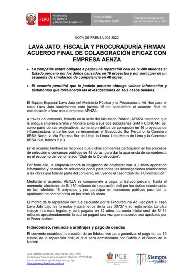 Acuerdo de colaboración eficaz fue firmando entre Aenza y el Ministerio Público. Foto: Ministerio de Justicia