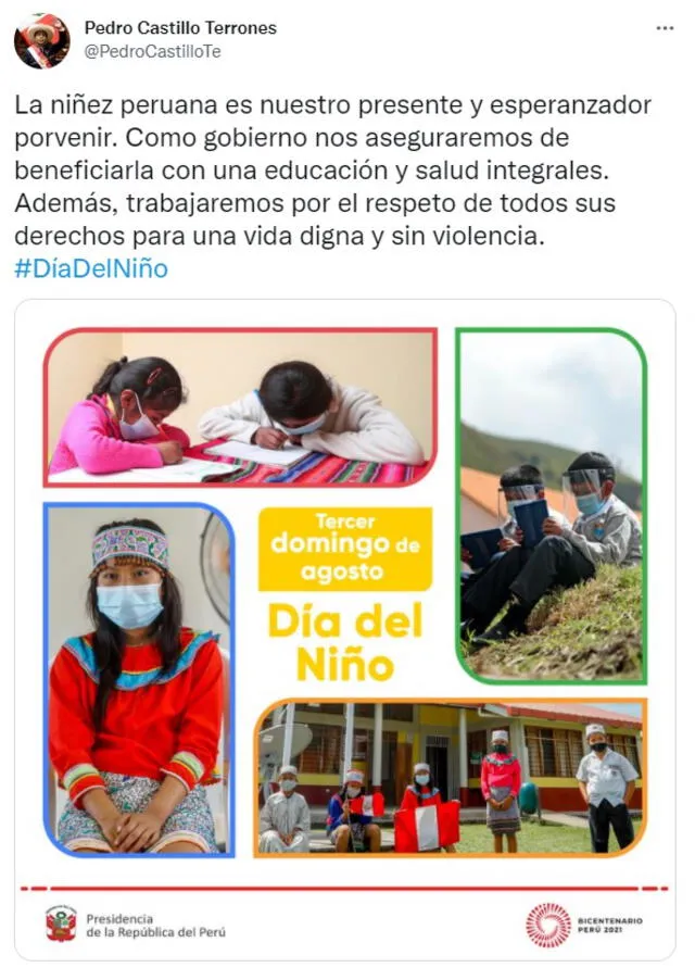 Saludo de Pedro Castillo por el Día del Niño. Foto: Twitter