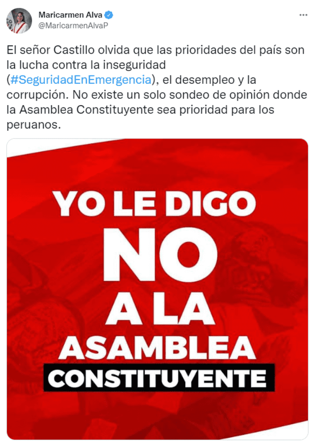 Tuit de María del Carmen Alva. Foto: Captura de Twitter