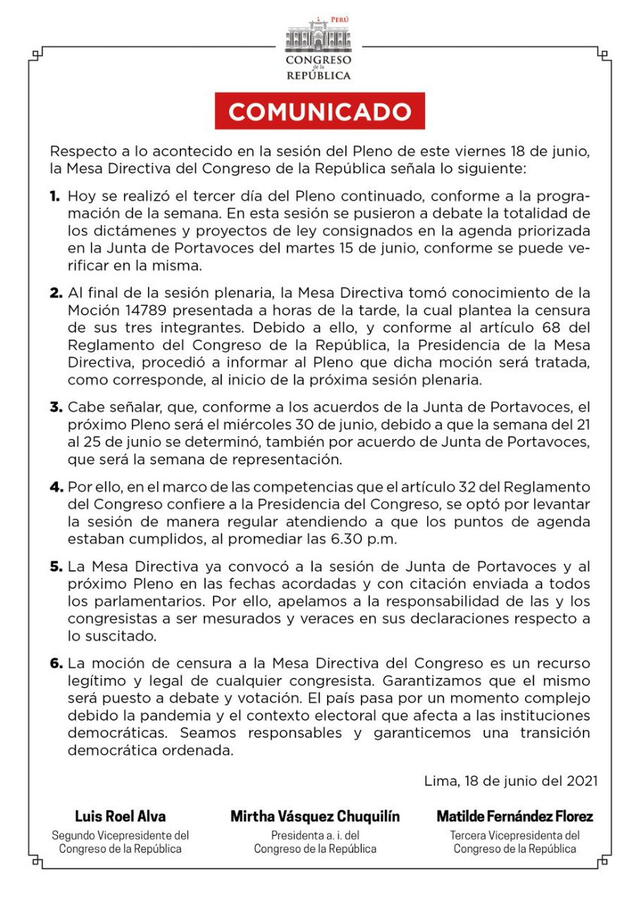 Comunicado de la Mesa Directiva del Congreso. Foto: captura Twitter.