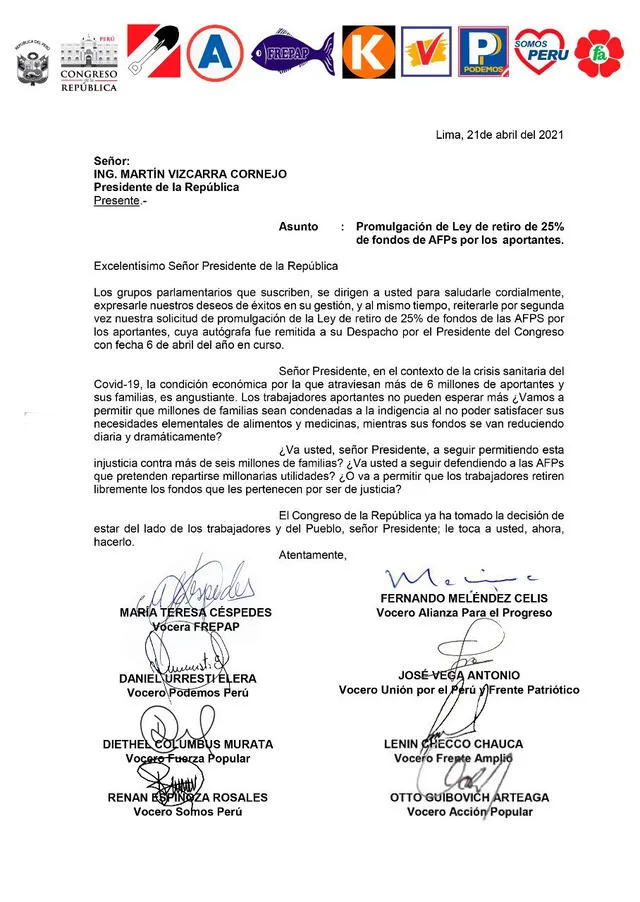 Documento enviado por los congresistas a Vizcarra Cornejo.