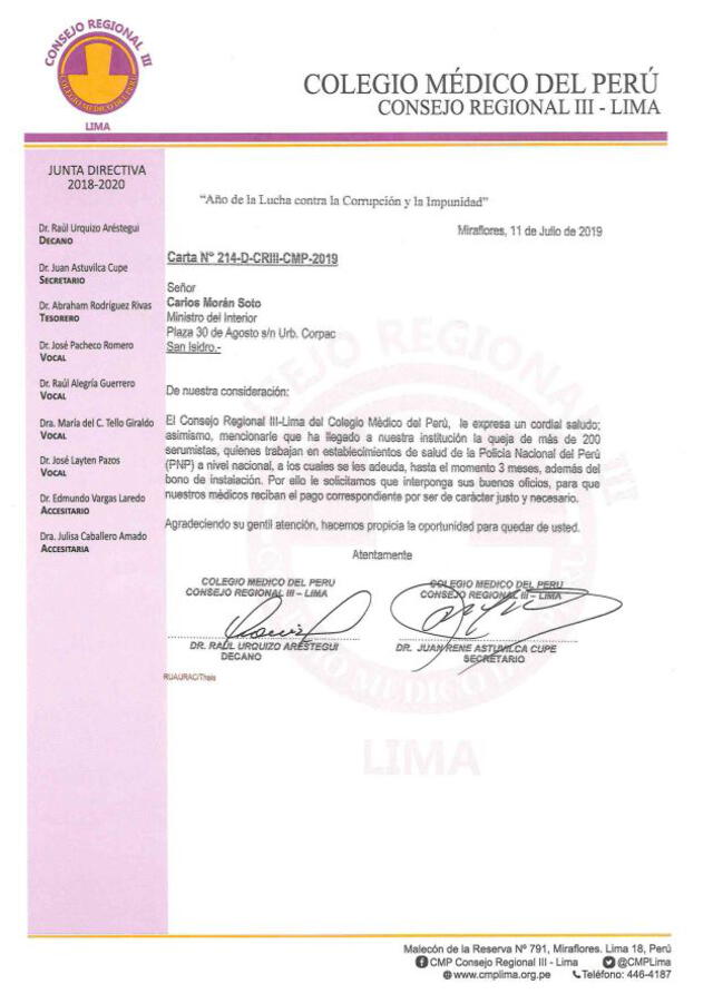 Carta del Colegio Médico del Perú.