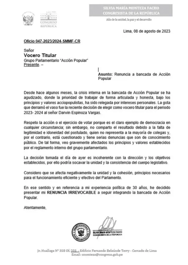  Silvia Monteza se unió a las renuncias. Foto: Twitter   