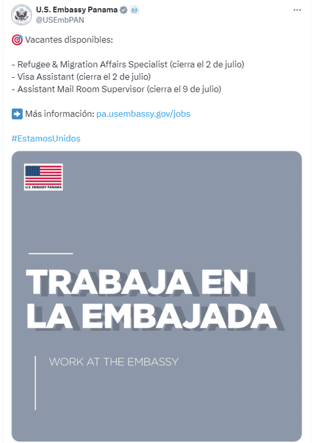 La Embajada de Estados Unidos en Panamá busca asistente de visas. Foto: U.S. Embassy Panama/X   