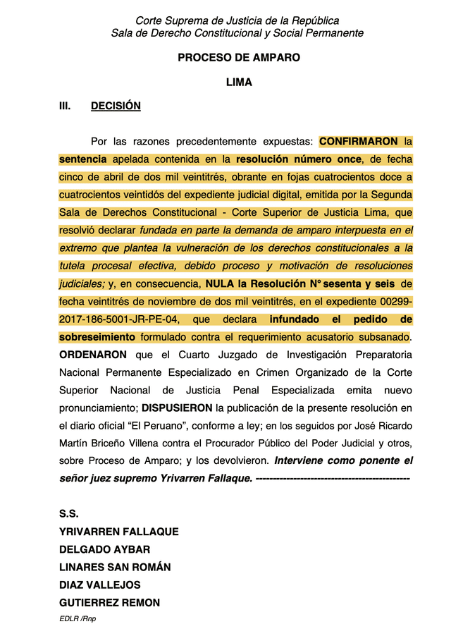 Suprema ratifica sentencia a favor de Ricardo Briceño. Octubre 2024.   