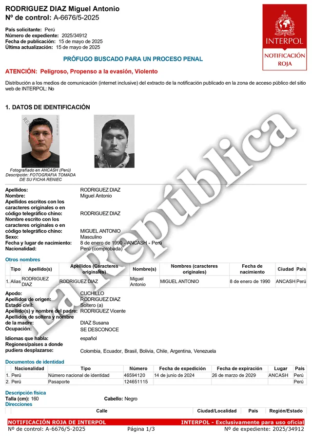 Orden de captura de alías 'Cuchillo'. Foto: Interpol Orden de captura de alías 'Cuchillo'. Foto: Interpol
