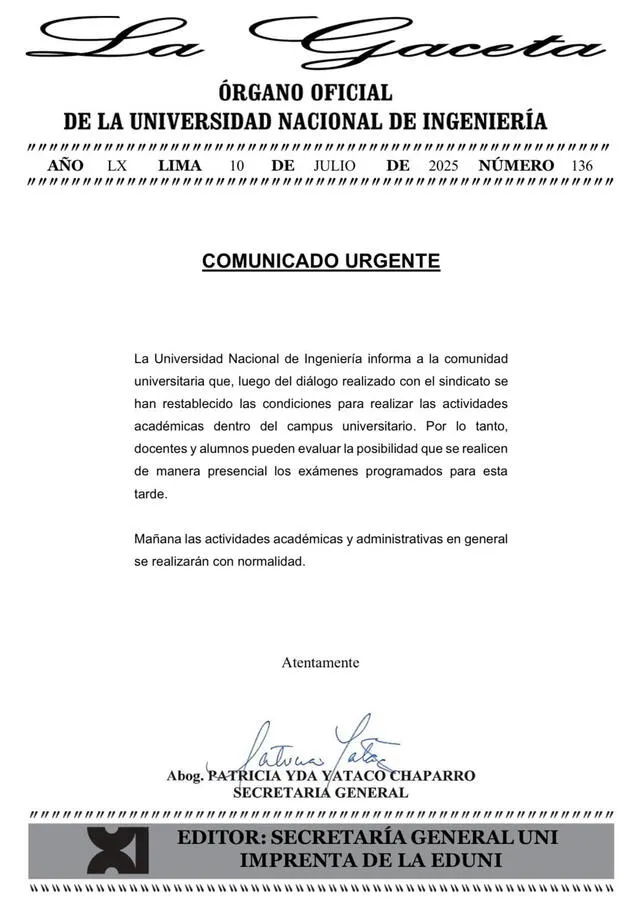 Comunicado de la UNI. Comunicado de la UNI.