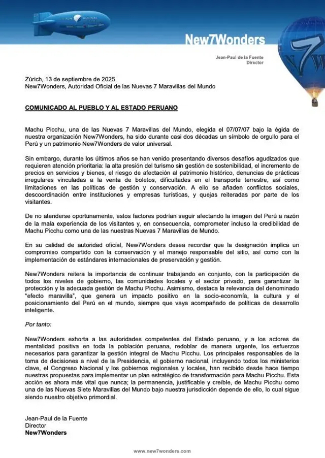 Comunicado de New7Wonder sobre Machu Picchu. Foto: FB.   