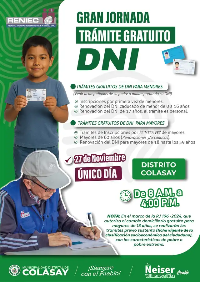 Municipalidad de Colosay anuncia campaña gratis de dni.   