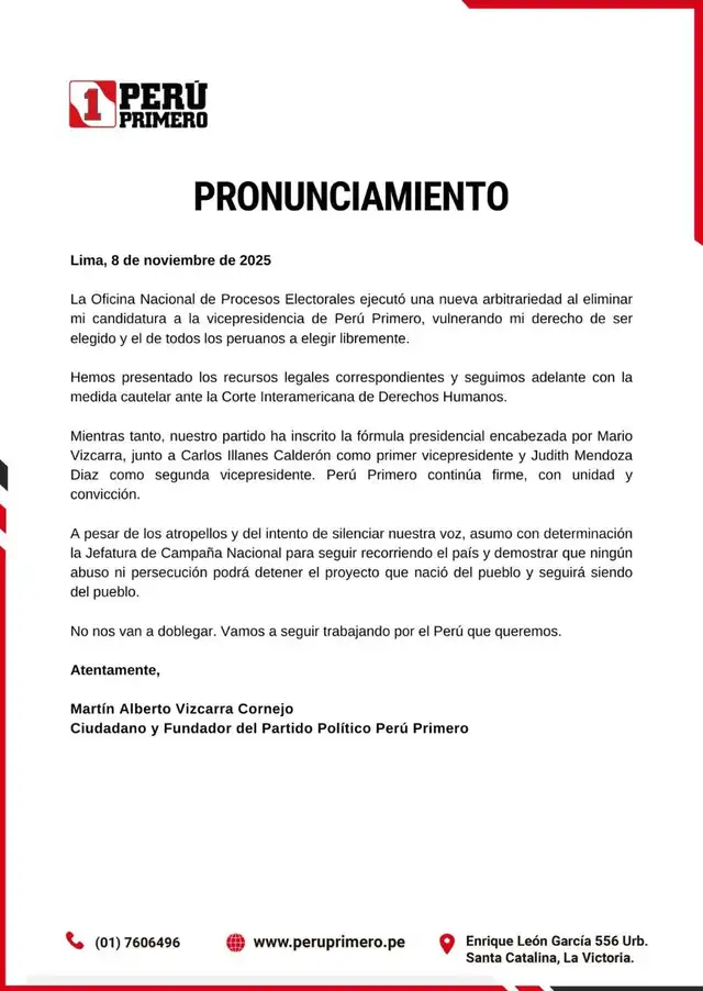 Comunicado de Perú Primero sobre eliminación de la candidatura de Martín Vizcarra. Comunicado de Perú Primero sobre eliminación de la candidatura de Martín Vizcarra.