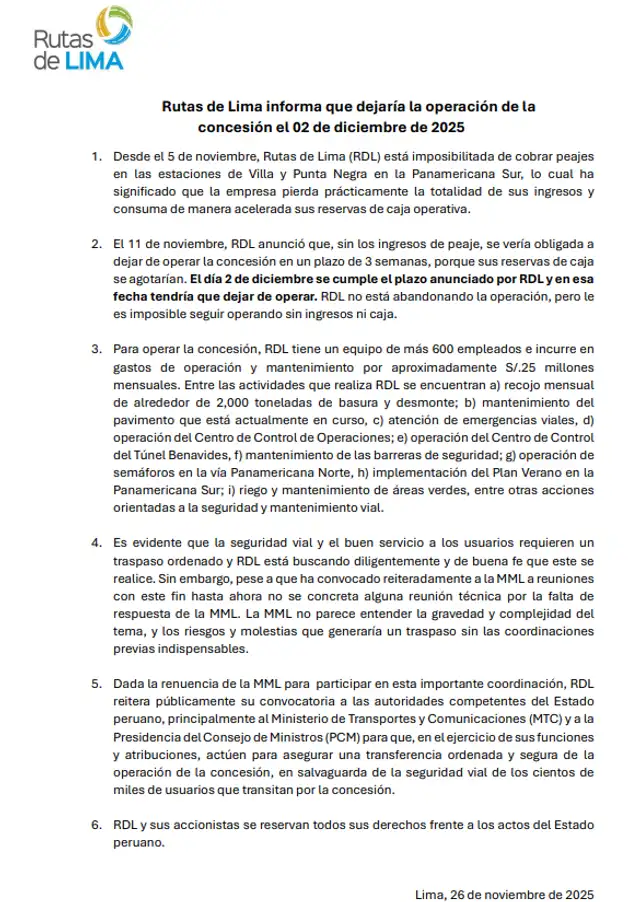 Comunicado de Rutas de Lima