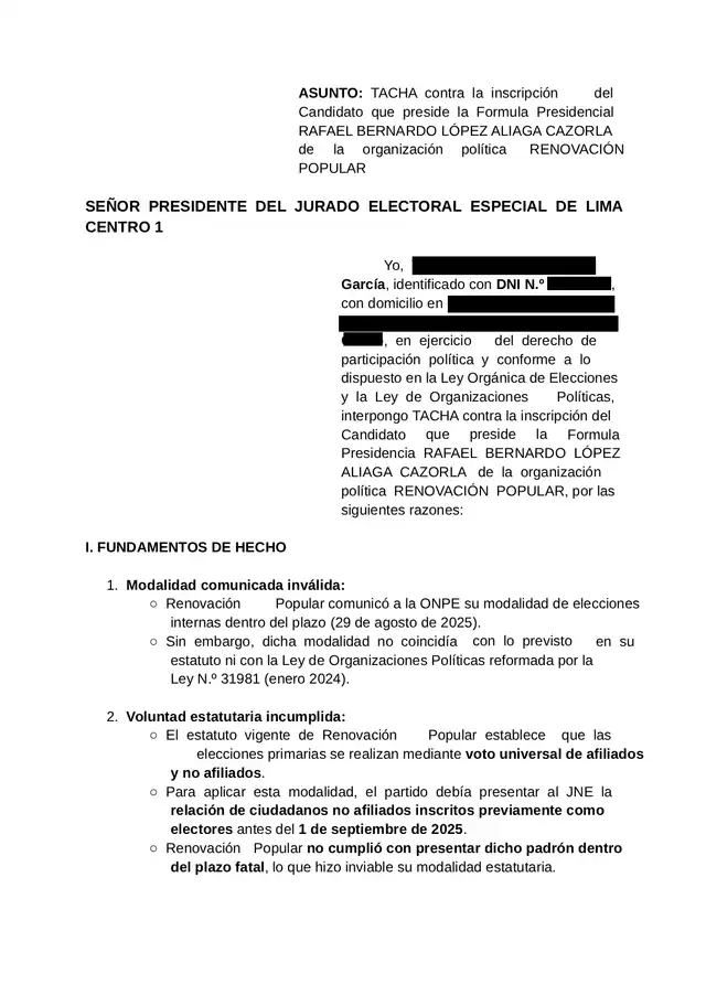  Segunda tacha presentada contra Renovación Popular   