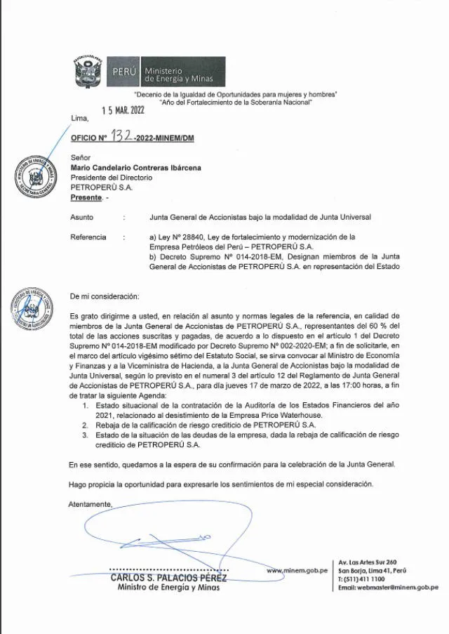 Carta del Minem enviada al presidente de Petroperú. Foto: MEF