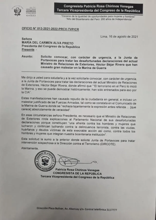 Pedido de Patricia Chirinos para analizar en Junta de Portavoces las declaraciones de Béjar. Foto: Captura.