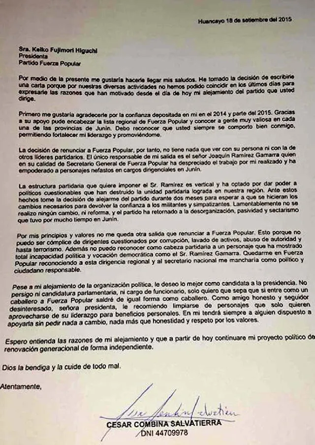 César Combina: carta de renuncia a Fuerza Popular en el 2015.