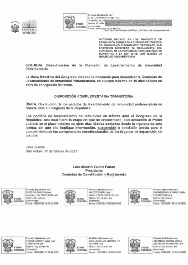 Resolución Legislativa que modifica el Reglamento del Congreso de la República, para adecuar su normativa a la Ley 31118, que eliminó la inmunidad parlamentaria