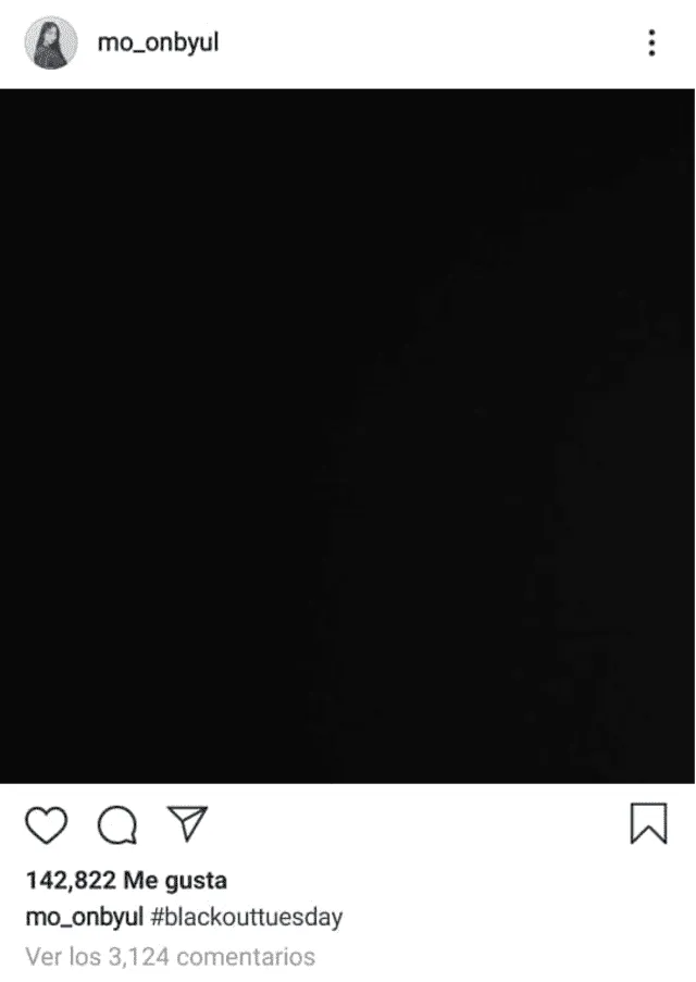 Post de Instagram de Moonbyul, vocalista del grupo K-pop MAMAMOO, a favor del movimiento #BlackOutTuesday. 2 de junio, 2020.