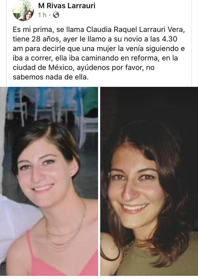 Así se informaba de la desaparición de Claudia Larrauri en las redes sociales. Foto: Twitter.