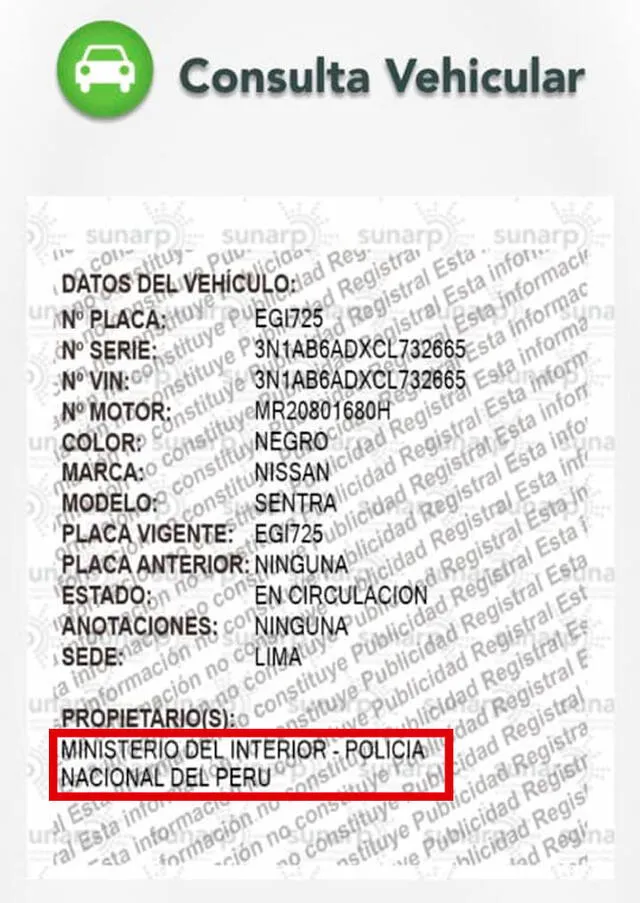 Auto que manejaban jóvenes pertenece al Ministerio del Interior, según consulta vehicular.