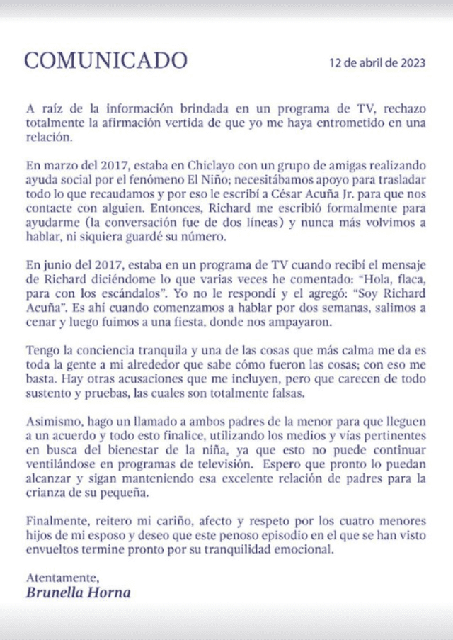 Comunicado publicado por Brunella Horna. Foto: Instagram / Brunella Horna. 