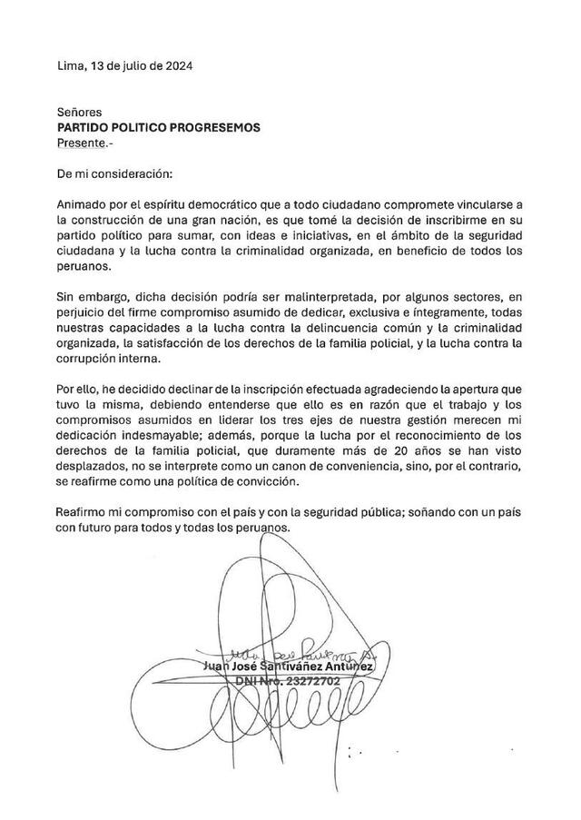  Comunicado de Santivañez al partido político informando de su renuncia.    