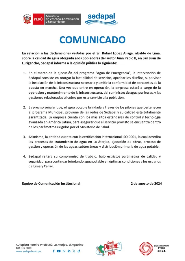  Comunicado de Sedapal. Foto: Sedapal.   