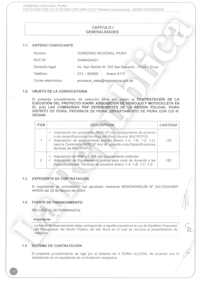 Contrataciones de vehículos para la PNP de Piura por el GORE. Foto: Seace   