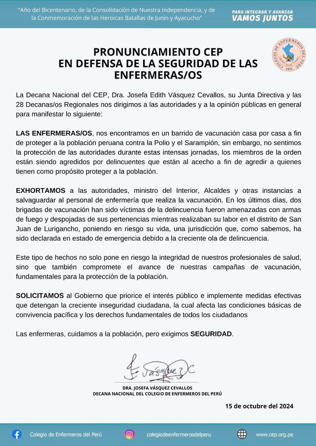 Comunicado del Colegio de Enfermeros del Perú (CEP). Foto: CEP   