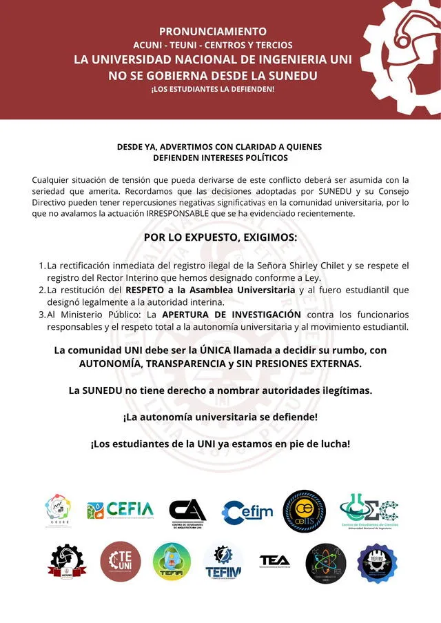 Pronunciamiento de los 13 colectivos estudiantiles de la UNI. Pronunciamiento de los 13 colectivos estudiantiles de la UNI.