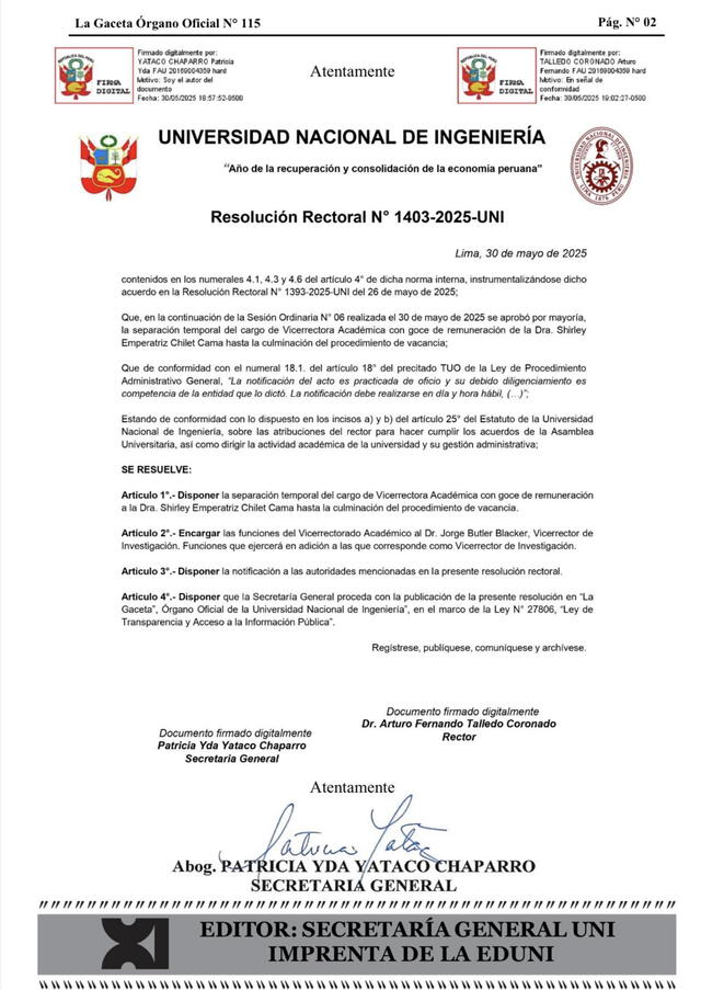 Resolución rectoral que ordena la suspensión de Shirley Chilet Cama de la UNI. Resolución rectoral que ordena la suspensión de Shirley Chilet Cama de la UNI.