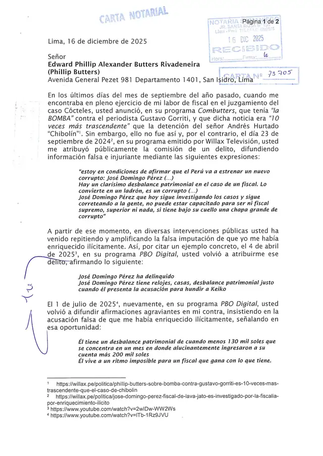 Carta notarial de José Domingo Pérez a Phillip Butters, primera parte Carta notarial de José Domingo Pérez a Phillip Butters, primera parte