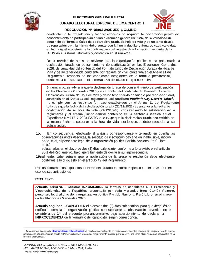  Decisión del JEE sobre la fórmula presidencial de Perú Libre, que lleva a Vladimir Cerrón como candidato a la presidencia.   