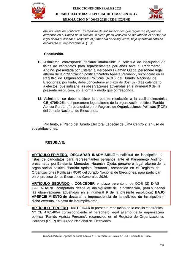 APRA deberá subsanar errores detectados por el JEE sobre su lista para el Parlamento Andino APRA deberá subsanar errores detectados por el JEE sobre su lista para el Parlamento Andino