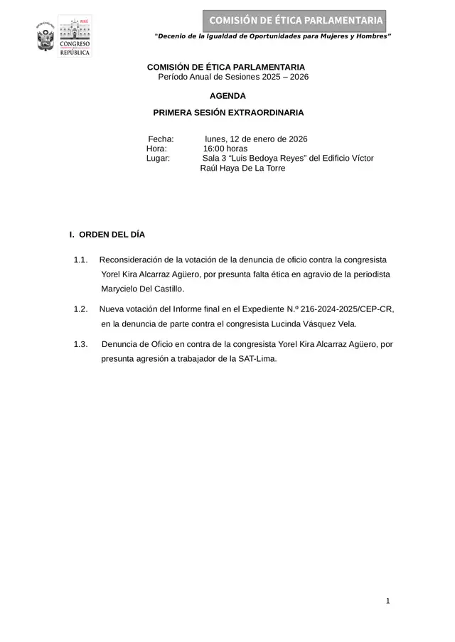  Agenda de la Comisión de Ética del lunes 12 de enero 