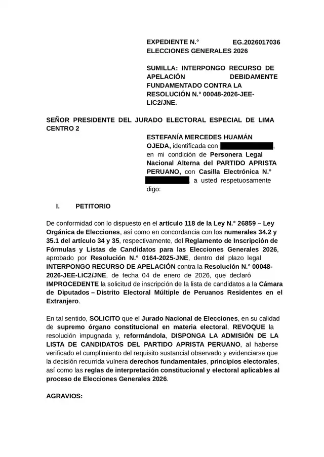 Recurso de apelación del APRA Recurso de apelación del APRA