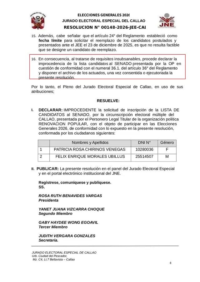 Decisión del JEE Callao de declarar improcedente la candidatura de Chirinos al Senado.   