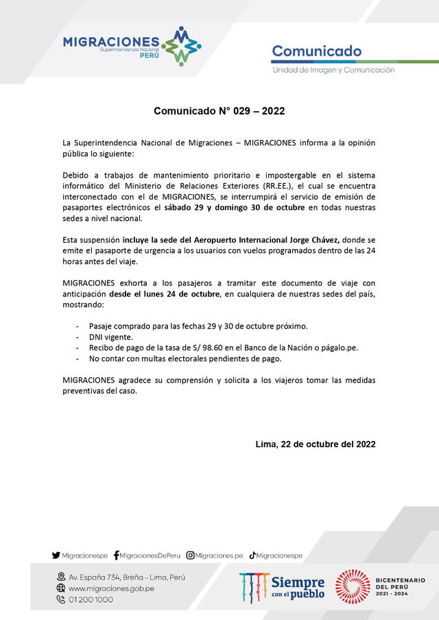 Comunicado de Migraciones