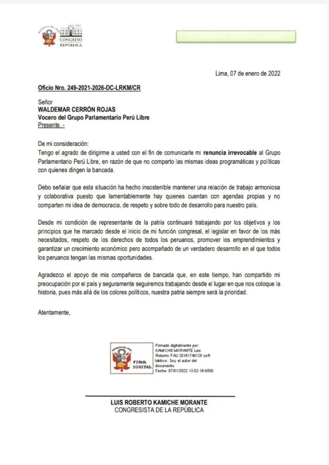 Renuncia de Roberto Kamiche a la bancada de Perú Libre. Foto: Congreso