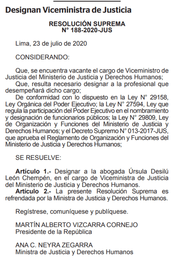 Designación de León Chempén como viceministra de Justicia.