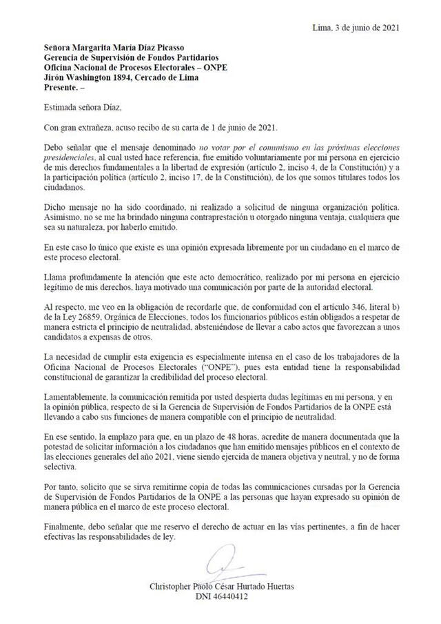 Carta de Paolo Hurtado. Foto: Twitter