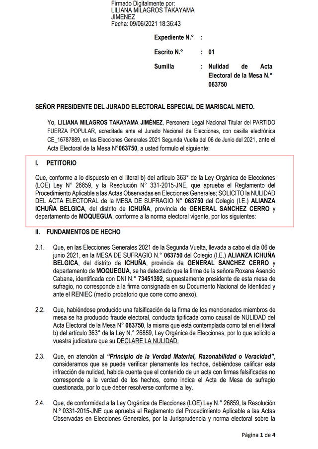 Joven exigió a Milagros Takayama Jiménez, la personera legal del partido de Keiko Fujimori, que se retracte en dicha denuncia.