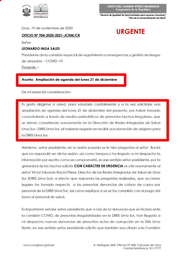 Congresista Núñez Marreros solicita ampliación de agenda del 21 de diciembre de la Comisión COVID-19. Foto: captura @JCarmenNM/Twitter